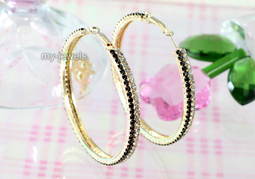 Clear & Black Crystal Gold Plated Hoop Earrings E1046  
